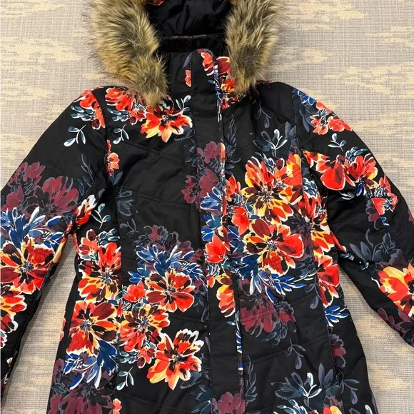Obermeyer Black Floral Ski Jacket with Faux Fur Removable Hood Size 8 Ladies - Picture 1 of 3